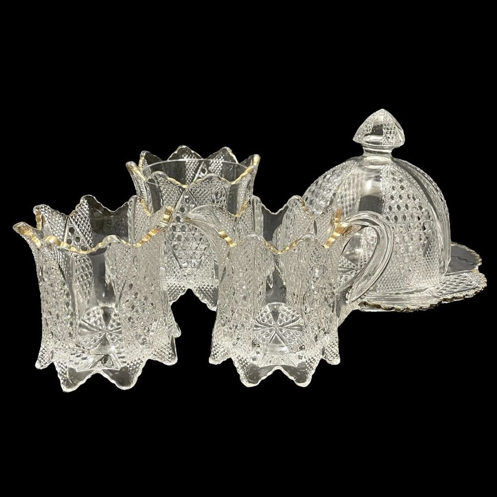 Antique 1896 Carmen by Fostoria 575 Panelled Diamond 4 Pcs Table Set EAPG Rare